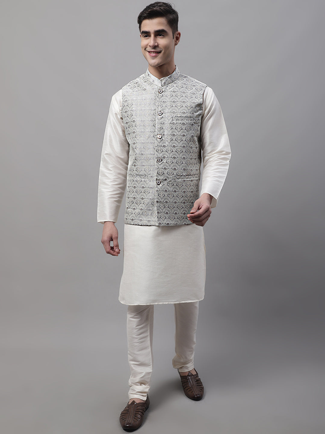 Men Off-White Solid Kurta Pyjama With  Grey Woven Design Nehru Jacket