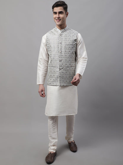 Men Off-White Solid Kurta Pyjama With  Grey Woven Design Nehru Jacket
