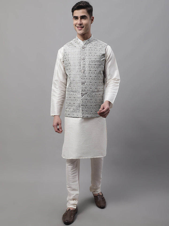 Men Off-White Solid Kurta Pyjama With  Grey Woven Design Nehru Jacket
