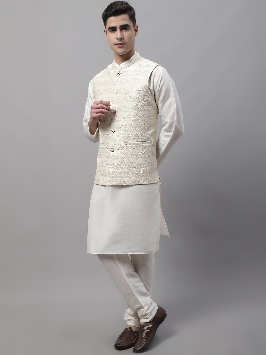 Men Off-White Solid Kurta Pyjama With  Cream Woven Design Nehru Jacket