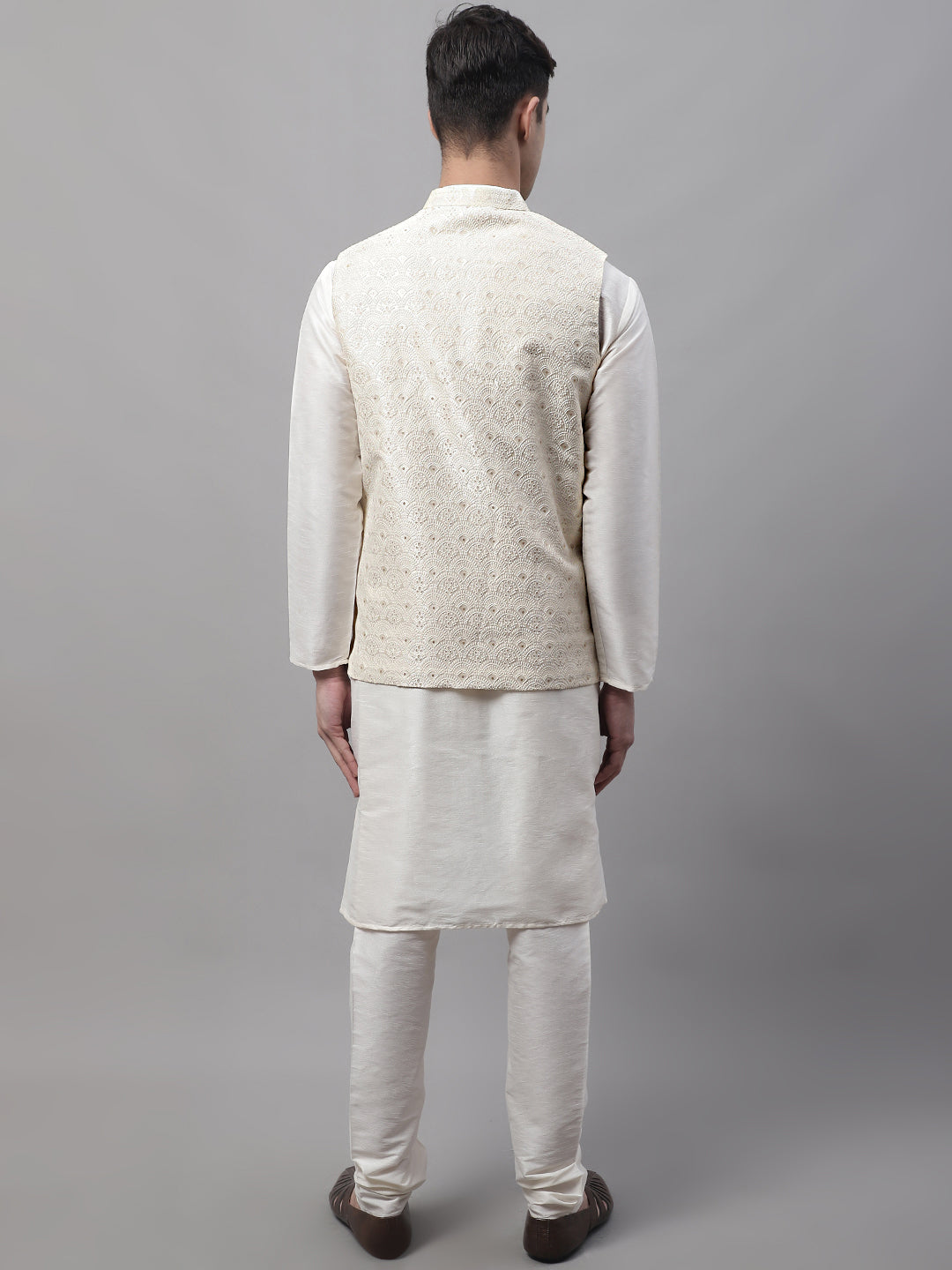 Men Off-White Solid Kurta Pyjama With  Cream Woven Design Nehru Jacket