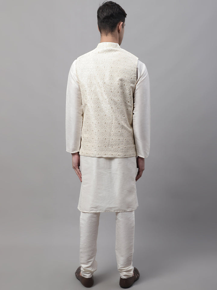 Men Off-White Solid Kurta Pyjama With  Cream Woven Design Nehru Jacket