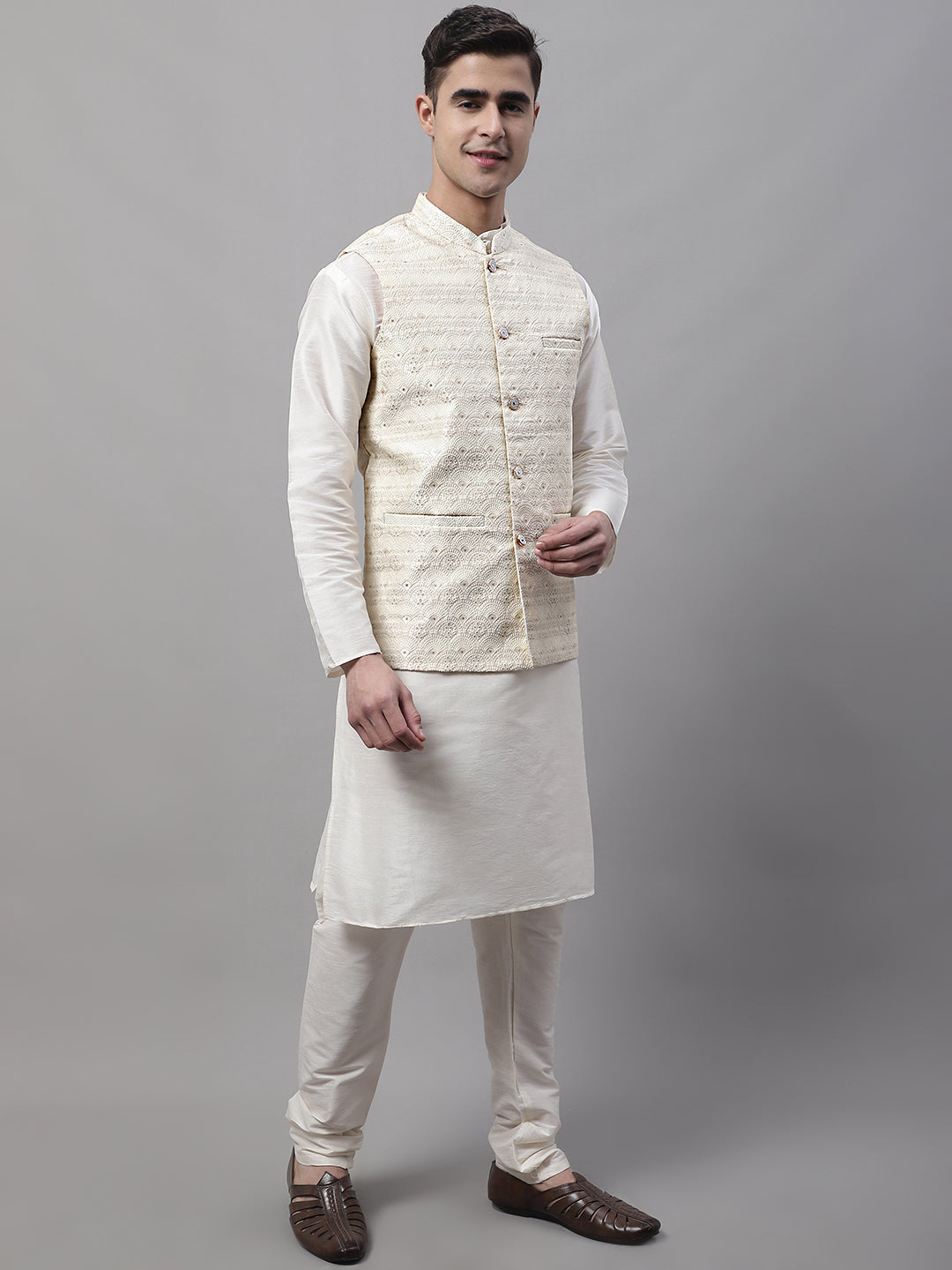Men Off-White Solid Kurta Pyjama With  Cream Woven Design Nehru Jacket