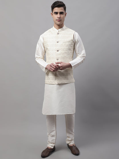Men Off-White Solid Kurta Pyjama With  Cream Woven Design Nehru Jacket