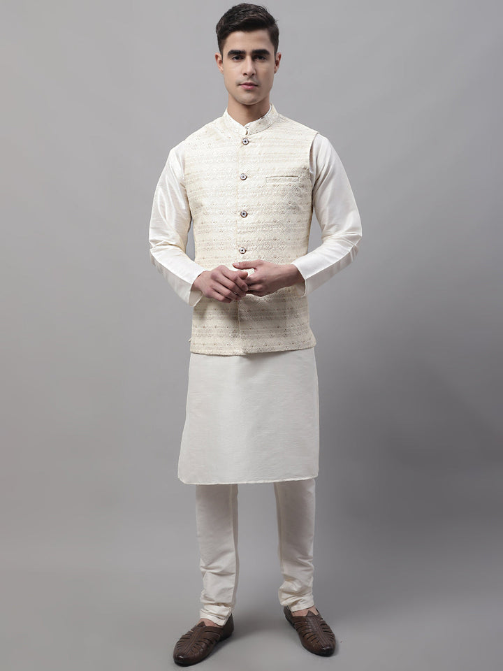 Men Off-White Solid Kurta Pyjama With  Cream Woven Design Nehru Jacket