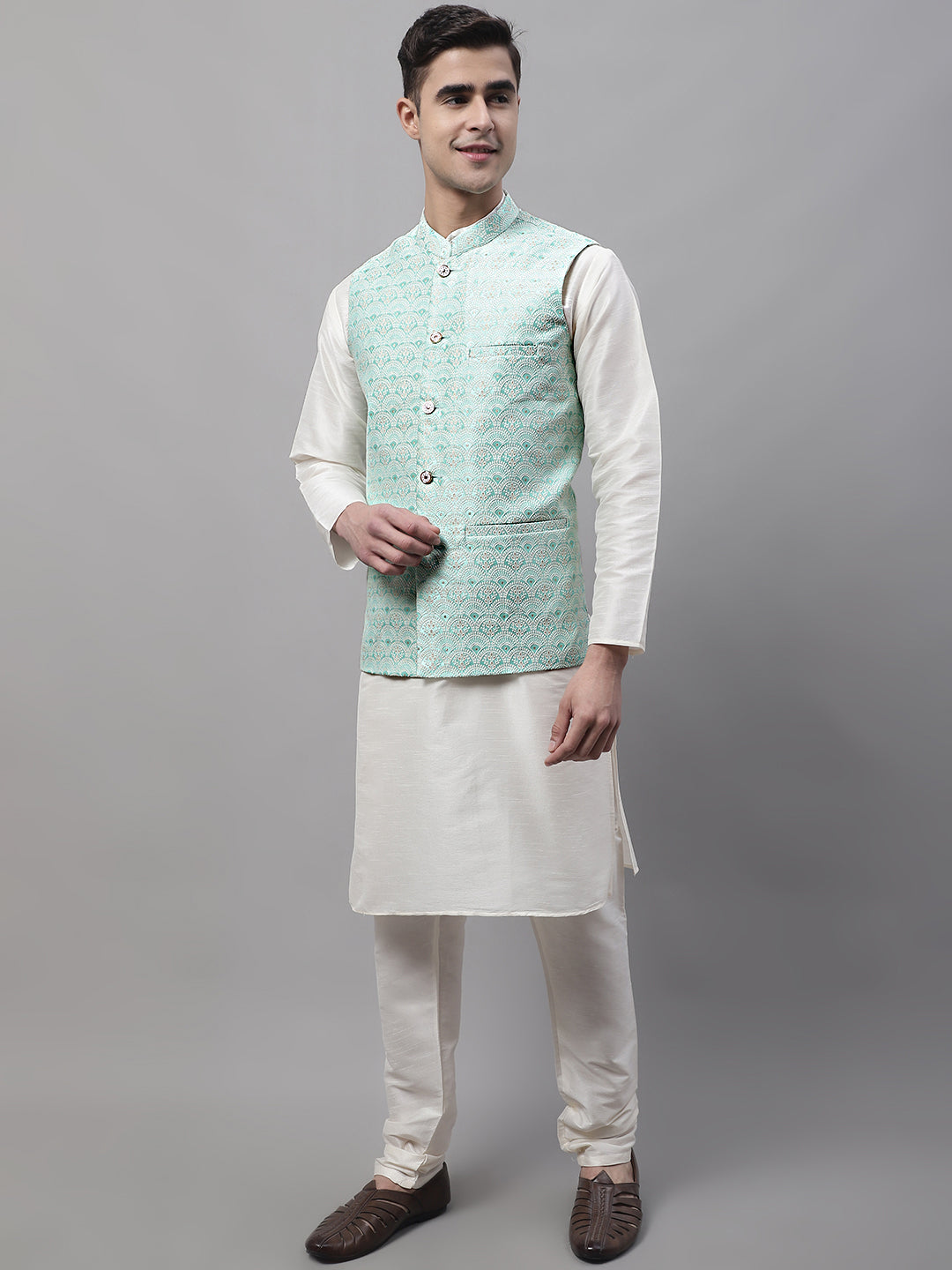 Men Off-White Solid Kurta Pyjama With  Sky Blue Woven Design Nehru Jacket
