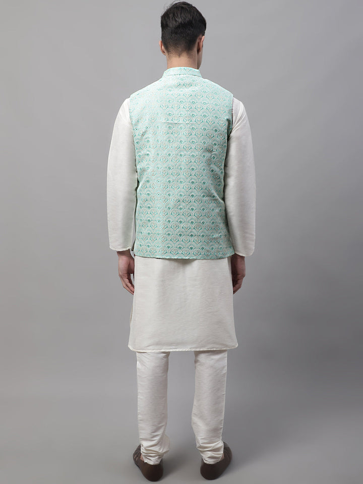 Men Off-White Solid Kurta Pyjama With  Sky Blue Woven Design Nehru Jacket