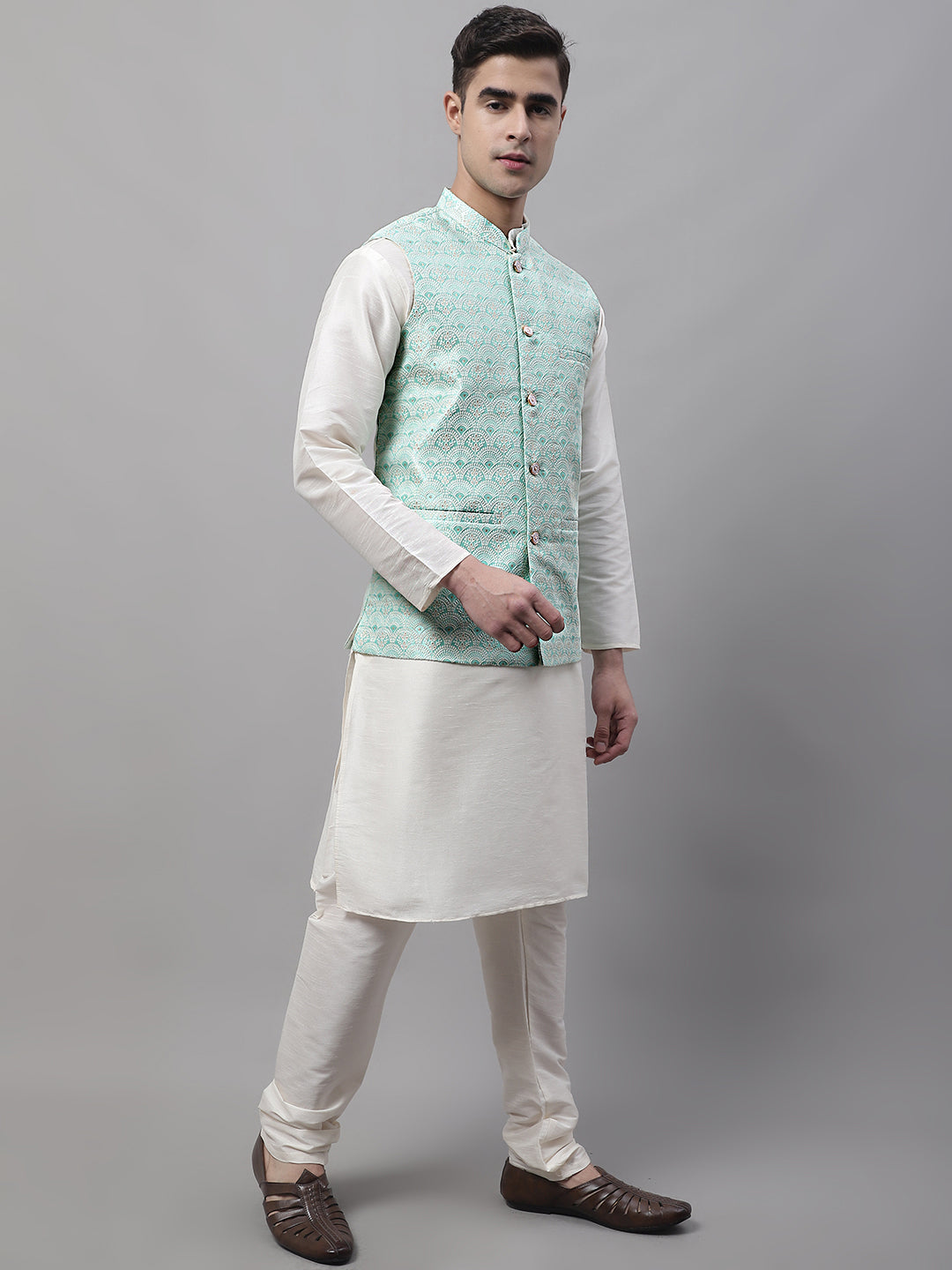 Men Off-White Solid Kurta Pyjama With  Sky Blue Woven Design Nehru Jacket