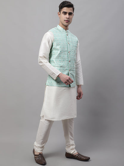 Men Off-White Solid Kurta Pyjama With  Sky Blue Woven Design Nehru Jacket