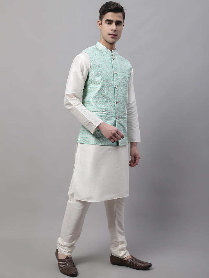 Men Off-White Solid Kurta Pyjama With  Sky Blue Woven Design Nehru Jacket