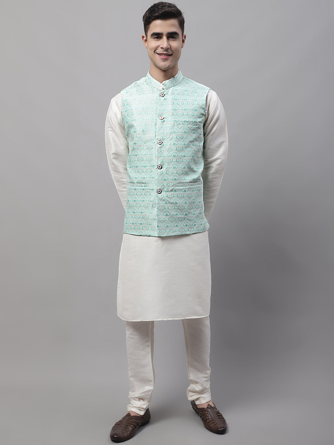 Men Off-White Solid Kurta Pyjama With  Sky Blue Woven Design Nehru Jacket