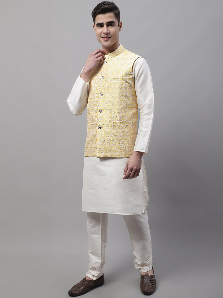 Men Off-White Solid Kurta Pyjama With  Yellow Woven Design Nehru Jacket