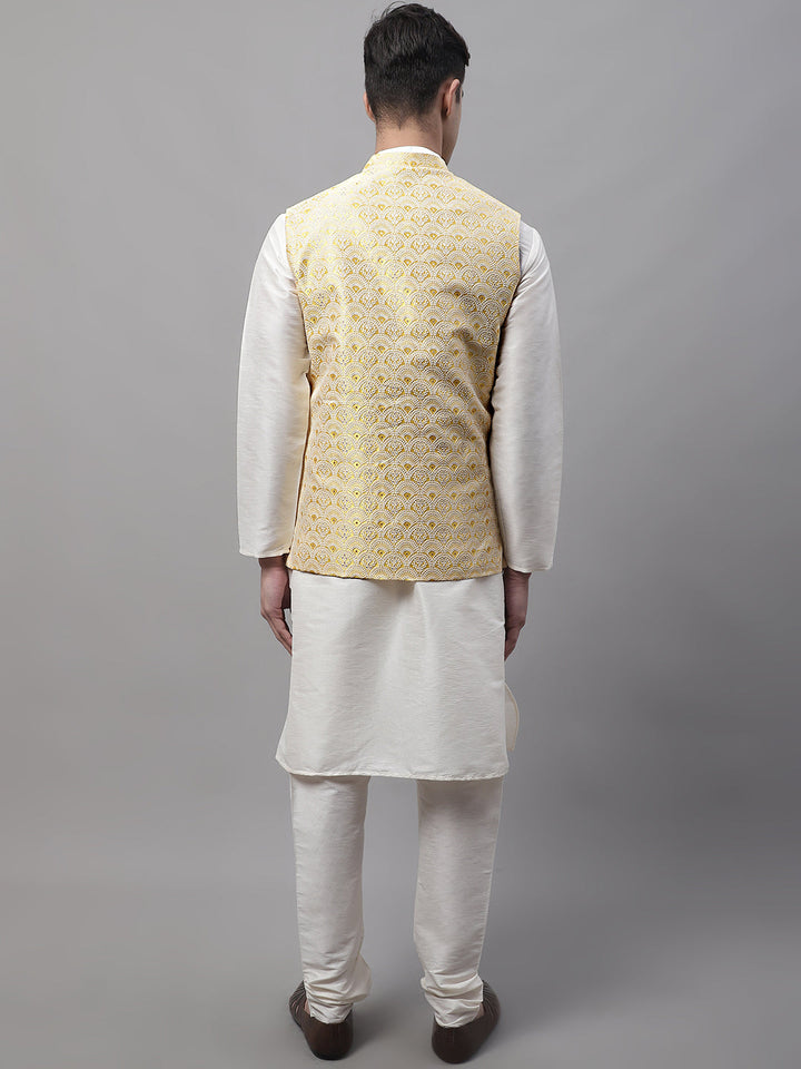 Men Off-White Solid Kurta Pyjama With  Yellow Woven Design Nehru Jacket