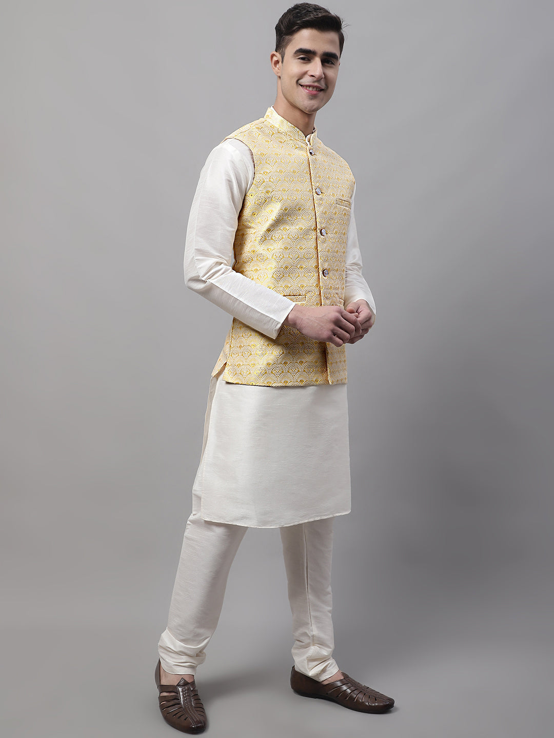Men Off-White Solid Kurta Pyjama With  Yellow Woven Design Nehru Jacket