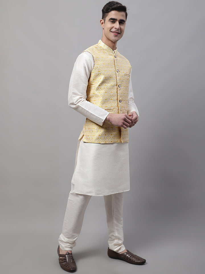 Men Off-White Solid Kurta Pyjama With  Yellow Woven Design Nehru Jacket
