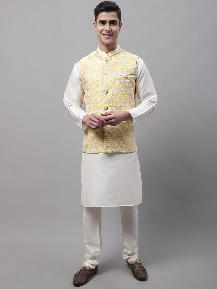 Men Off-White Solid Kurta Pyjama With  Yellow Woven Design Nehru Jacket