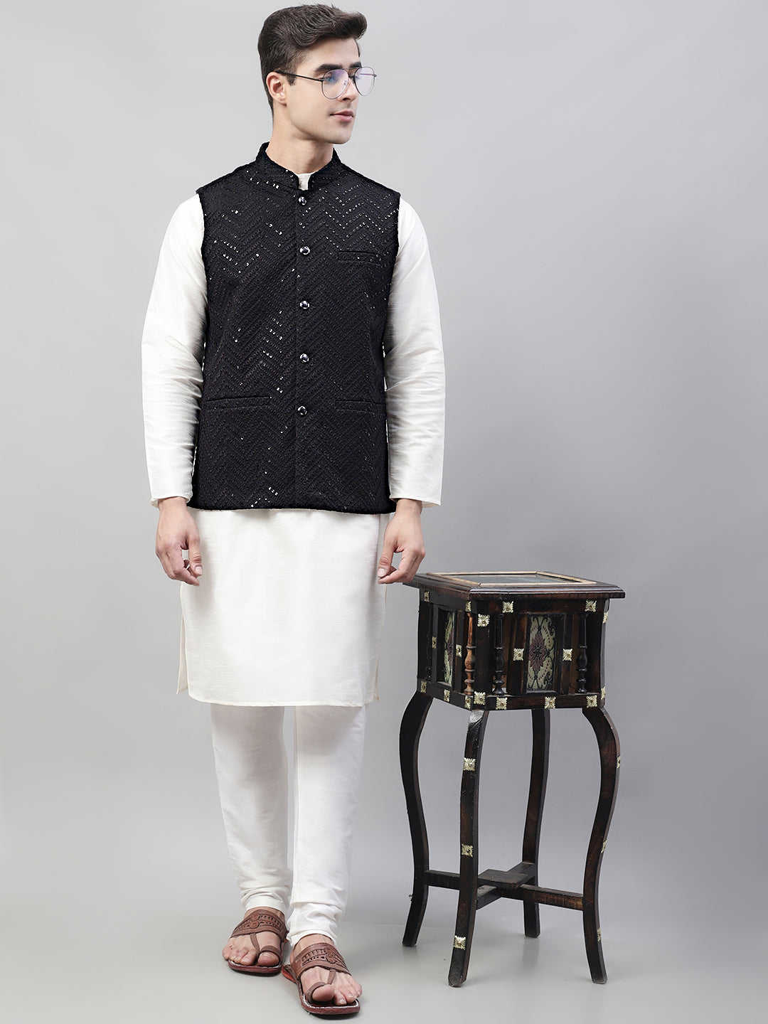 Men White Solid Kurta Pyjama With  Black Embroidered Nehru Jacket