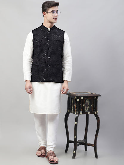 Men White Solid Kurta Pyjama With  Black Embroidered Nehru Jacket