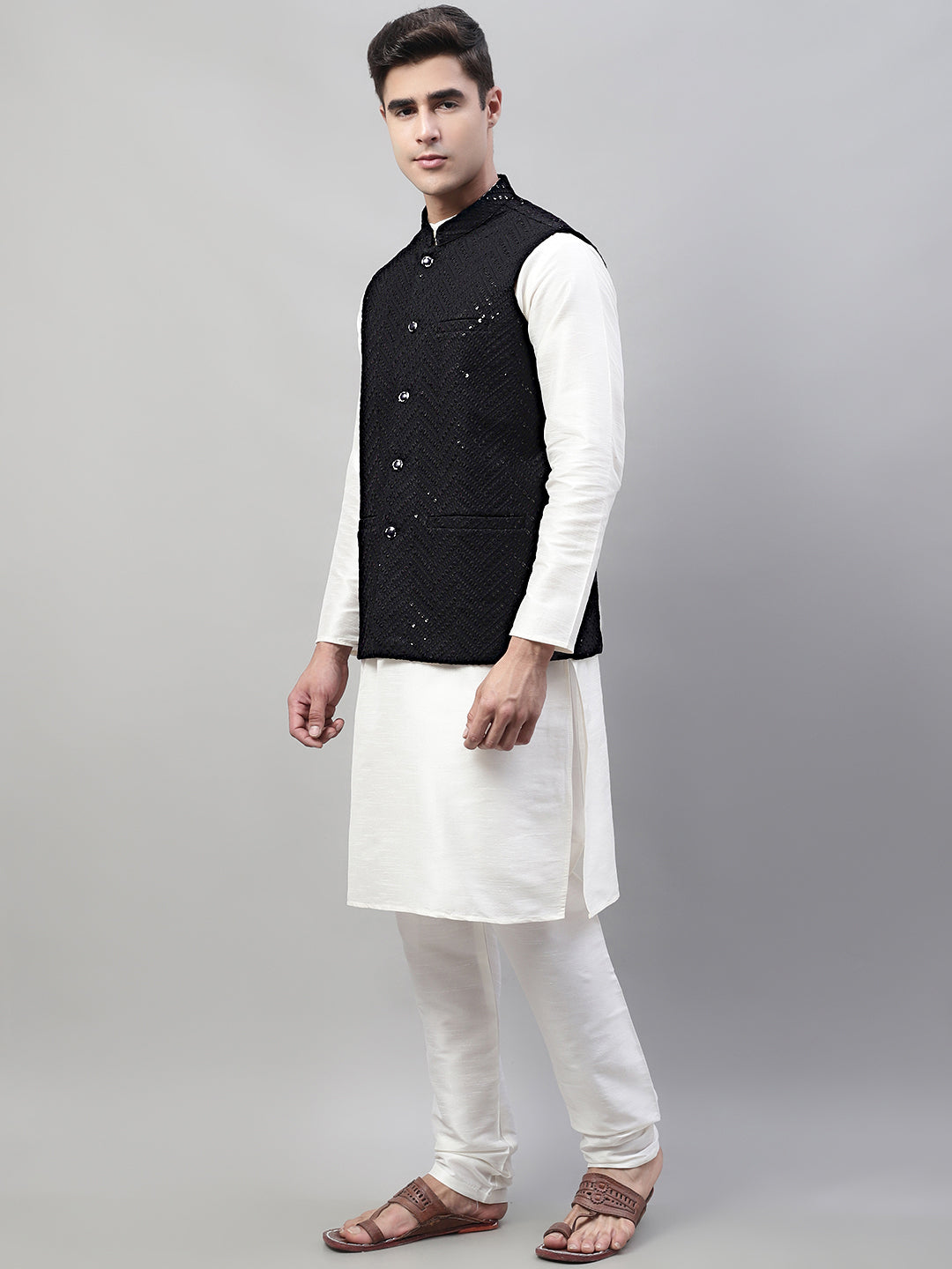 Men White Solid Kurta Pyjama With  Black Embroidered Nehru Jacket