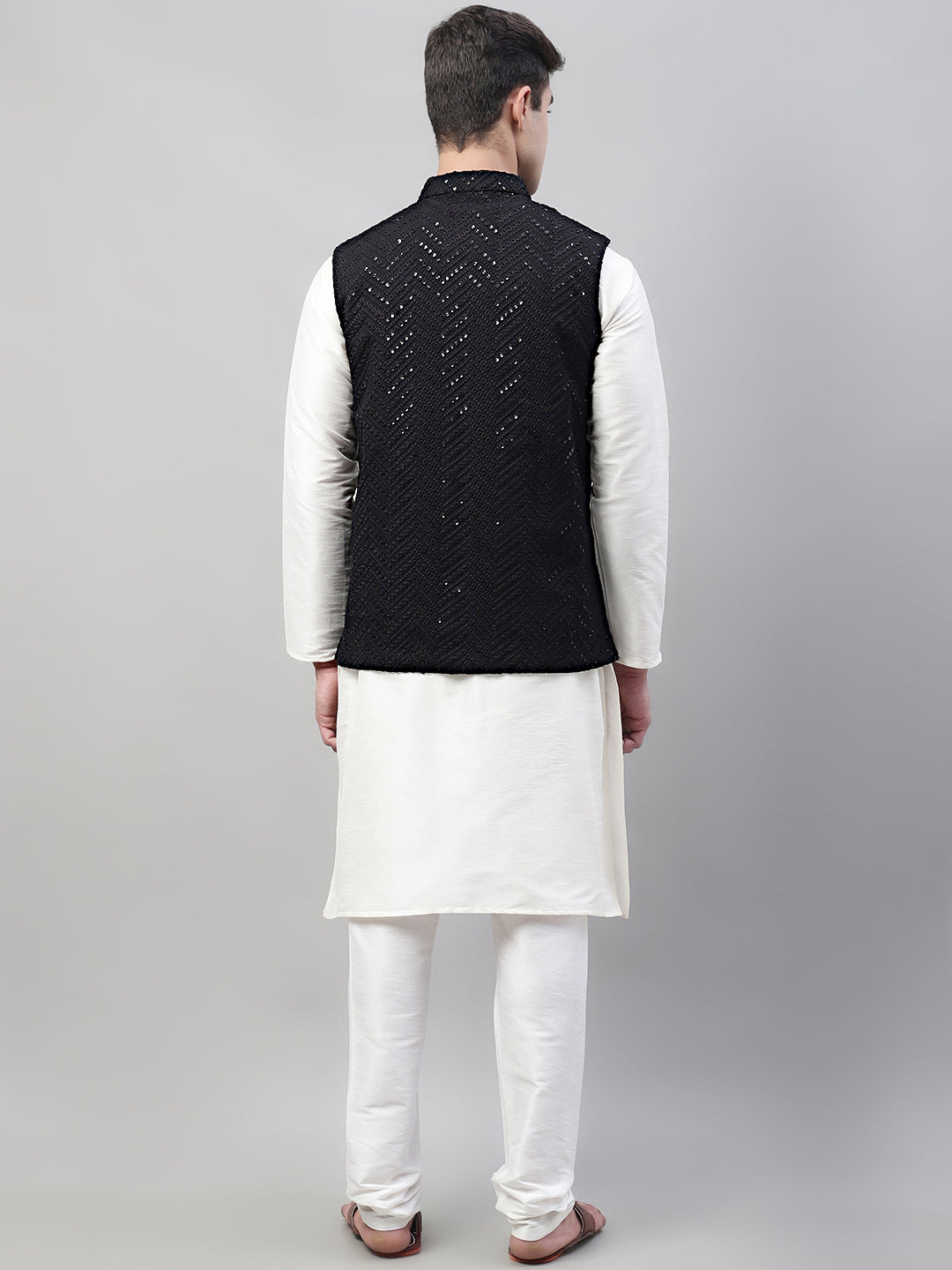 Men White Solid Kurta Pyjama With  Black Embroidered Nehru Jacket