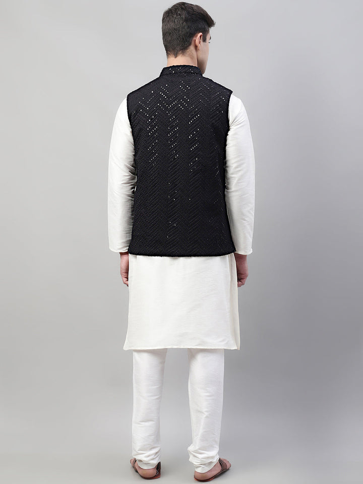 Men White Solid Kurta Pyjama With  Black Embroidered Nehru Jacket
