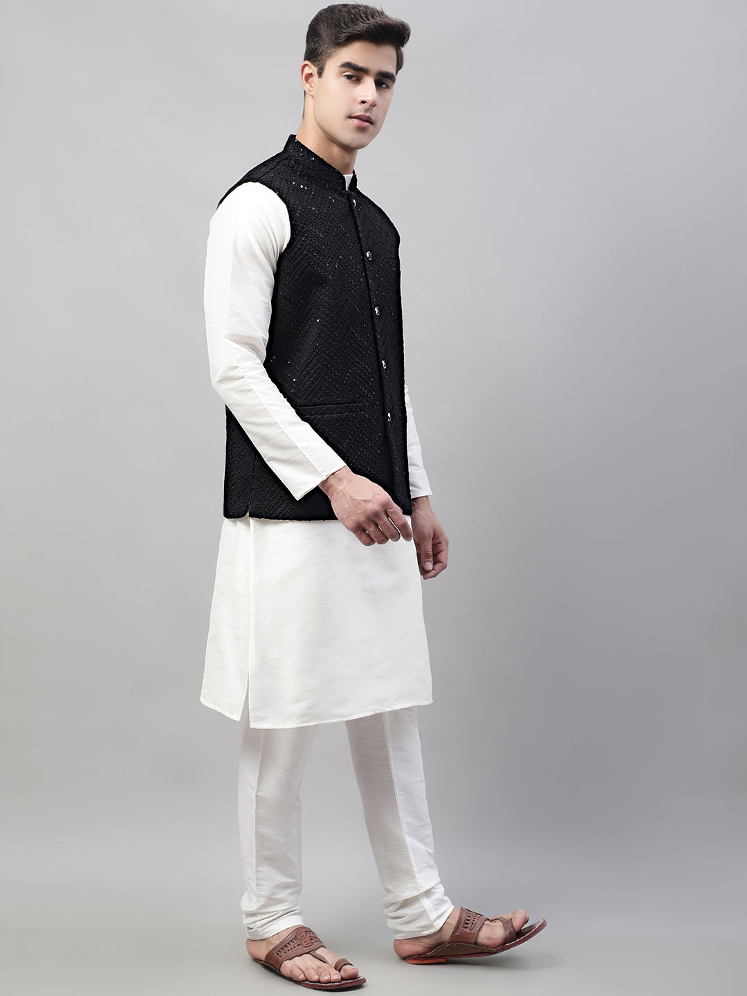 Men White Solid Kurta Pyjama With  Black Embroidered Nehru Jacket