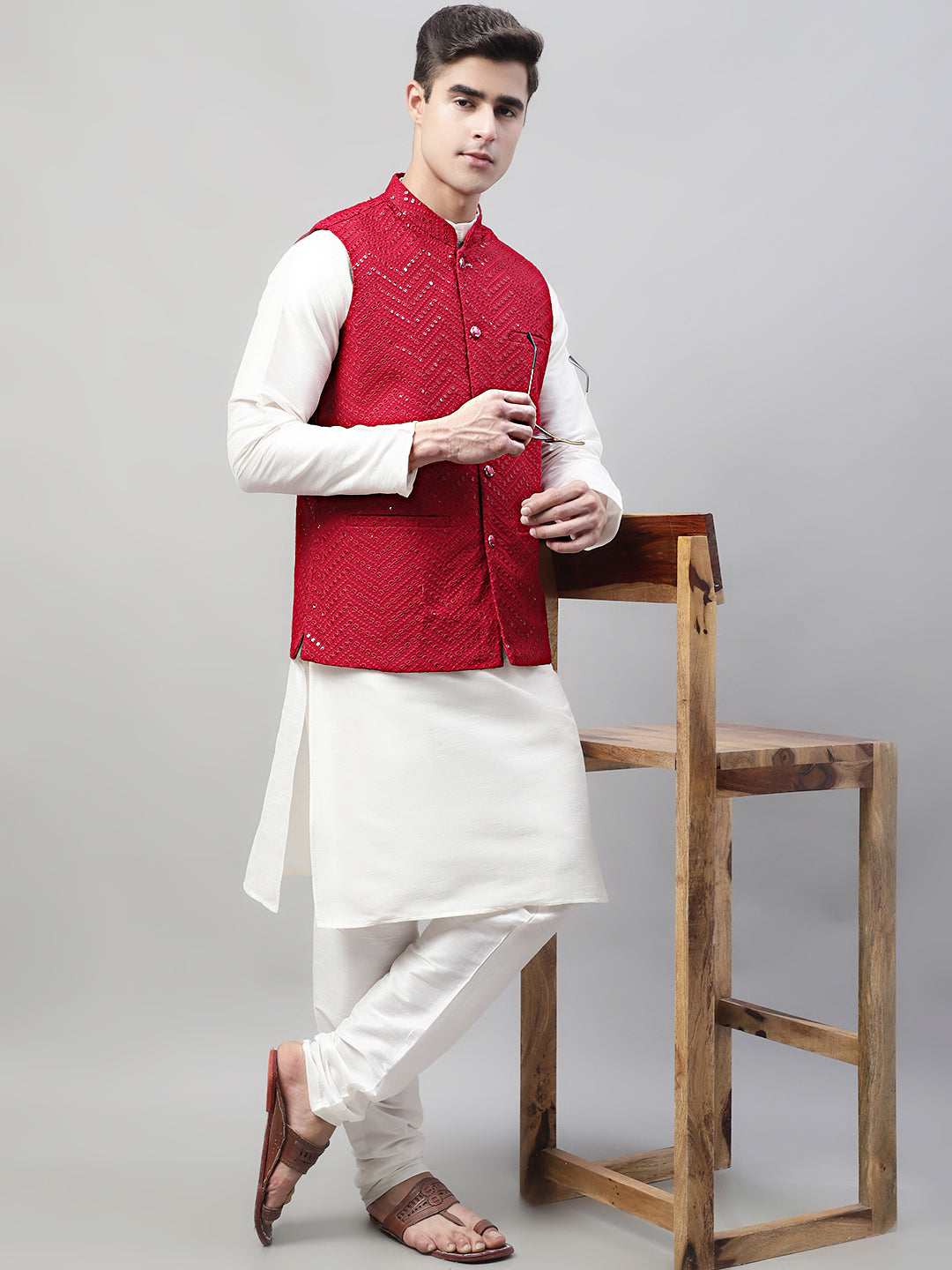Men White Solid Kurta Pyjama With  Maroon Embroidered Nehru Jacket