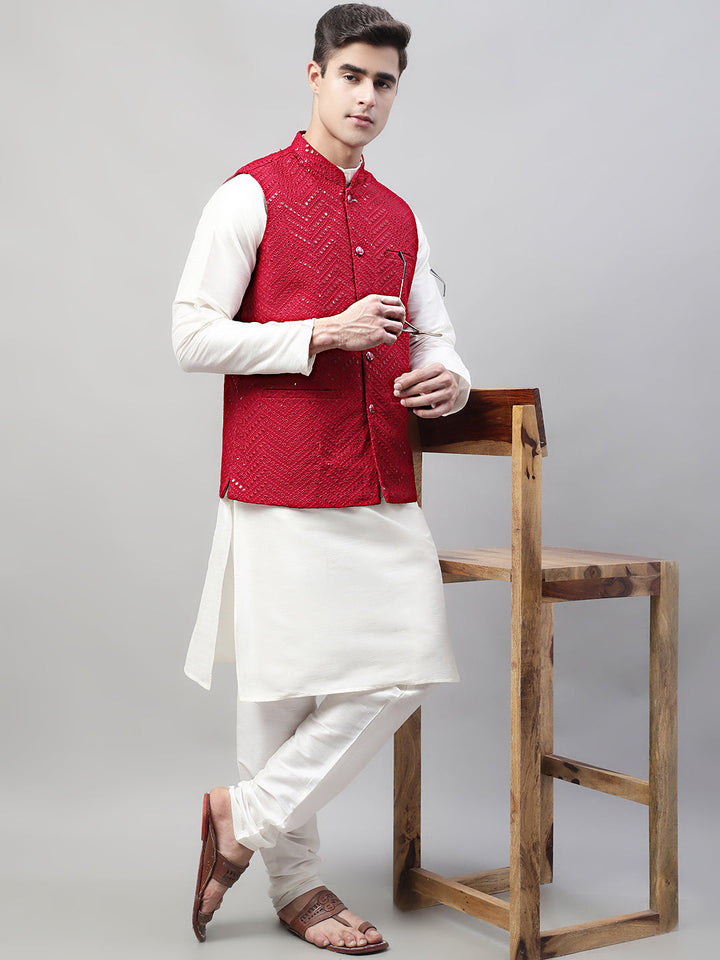 Men White Solid Kurta Pyjama With  Maroon Embroidered Nehru Jacket