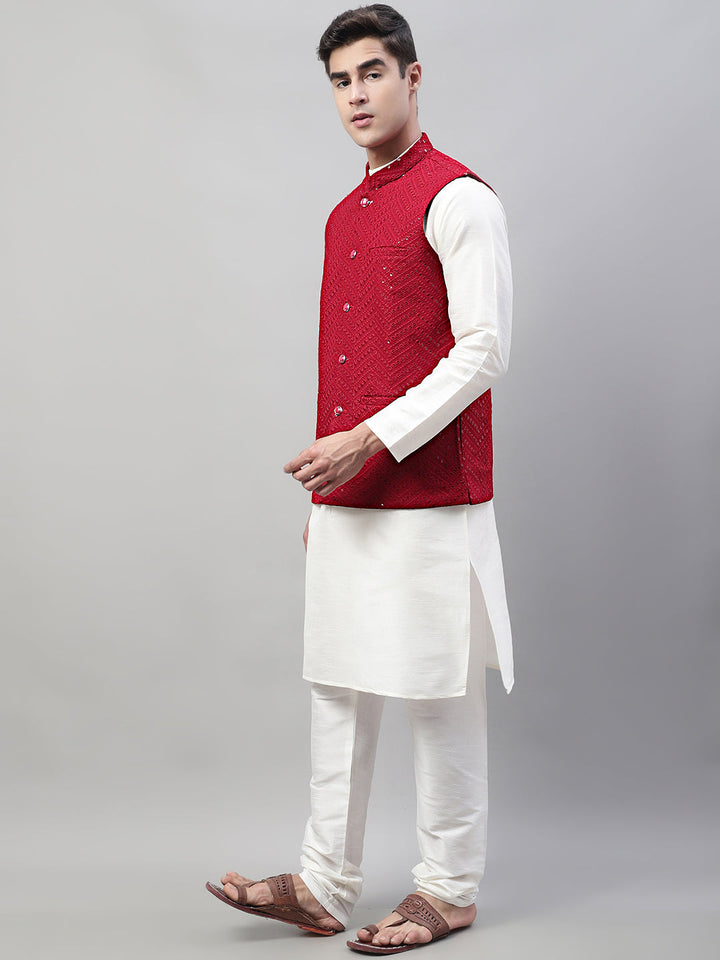 Men White Solid Kurta Pyjama With  Maroon Embroidered Nehru Jacket