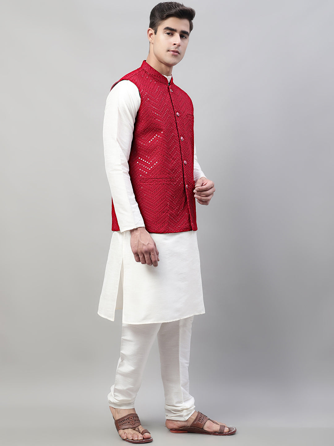 Men White Solid Kurta Pyjama With  Maroon Embroidered Nehru Jacket