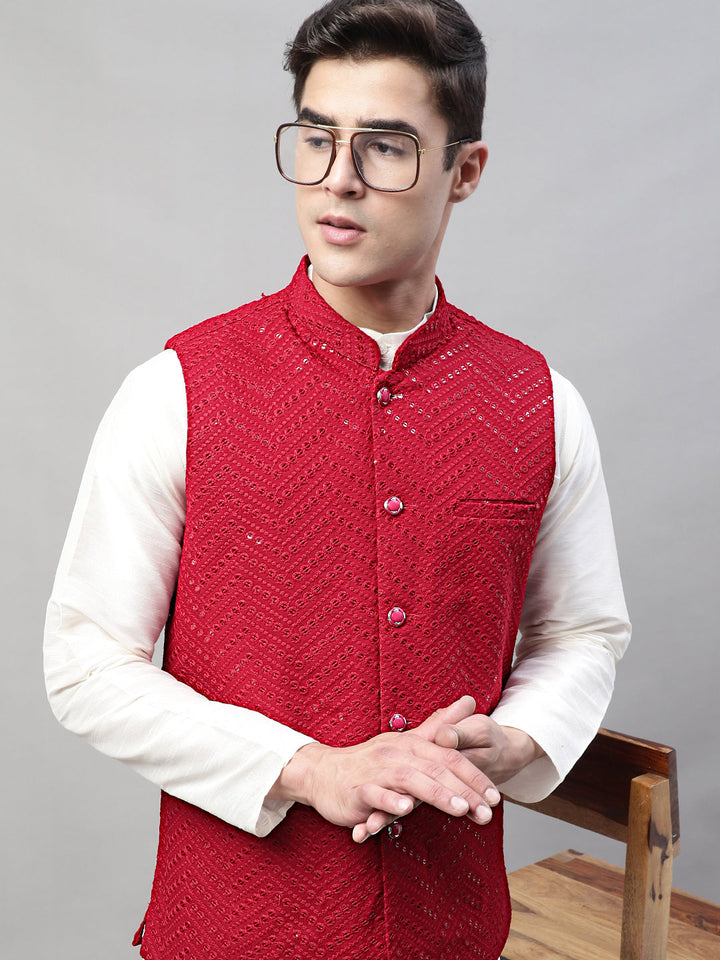 Men White Solid Kurta Pyjama With  Maroon Embroidered Nehru Jacket