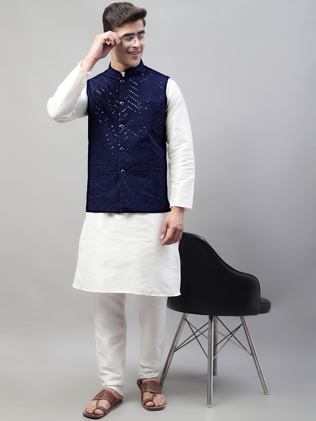 Men White Solid Kurta Pyjama With  Navy Blue Embroidered Nehru Jacket