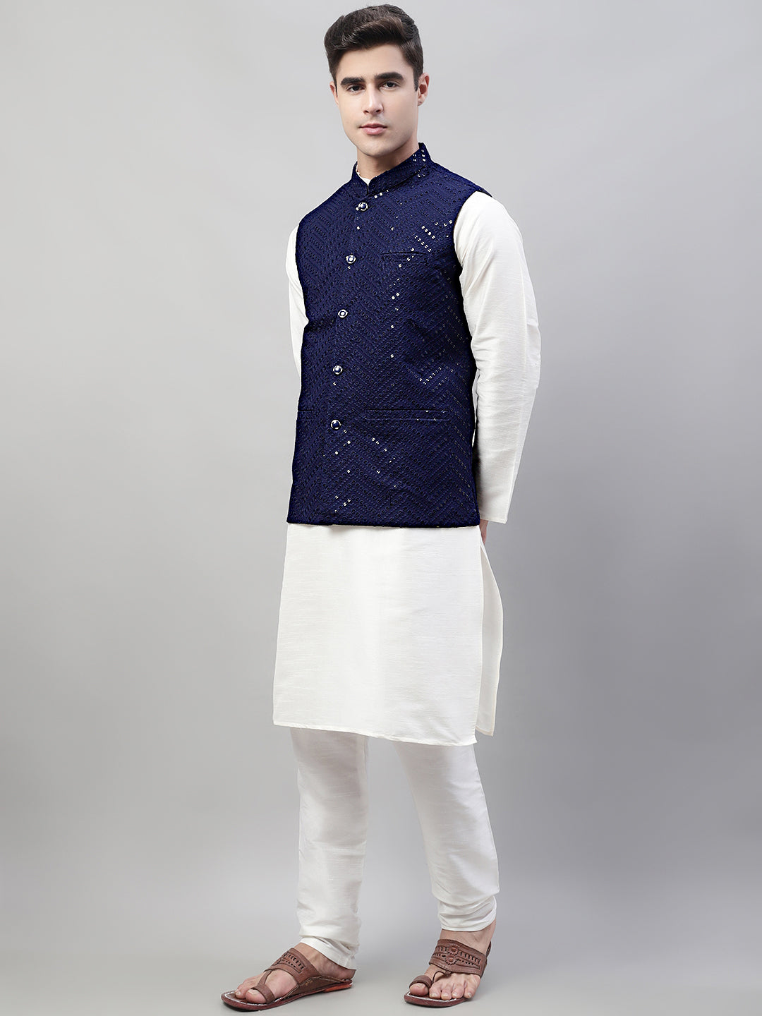 Men White Solid Kurta Pyjama With  Navy Blue Embroidered Nehru Jacket