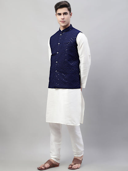 Men White Solid Kurta Pyjama With  Navy Blue Embroidered Nehru Jacket