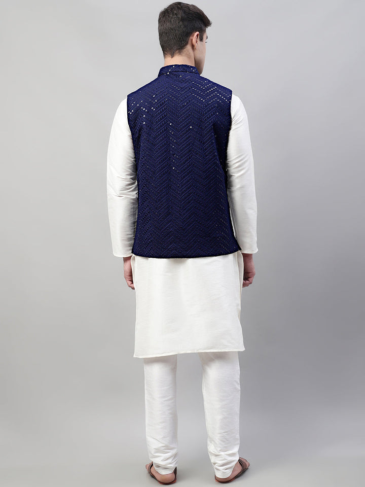 Men White Solid Kurta Pyjama With  Navy Blue Embroidered Nehru Jacket
