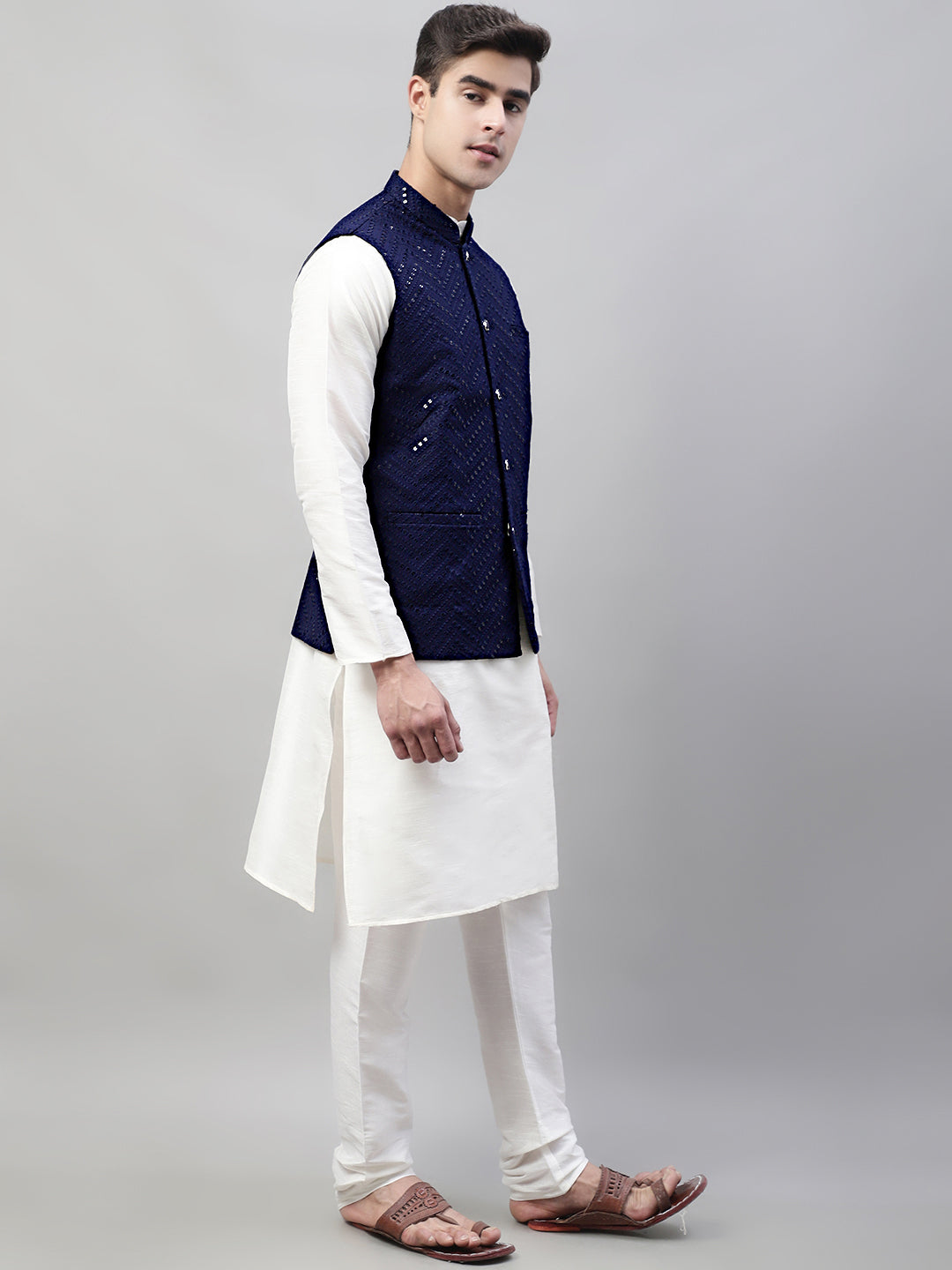 Men White Solid Kurta Pyjama With  Navy Blue Embroidered Nehru Jacket