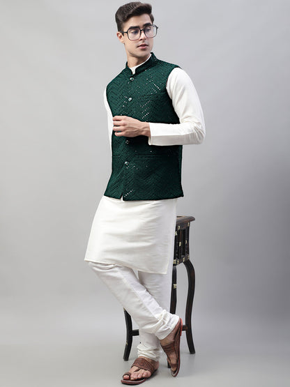 Men White Solid Kurta Pyjama With  Olive Green Embroidered Nehru Jacket