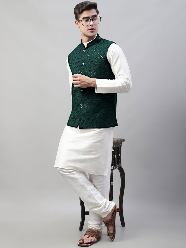 Men White Solid Kurta Pyjama With  Olive Green Embroidered Nehru Jacket