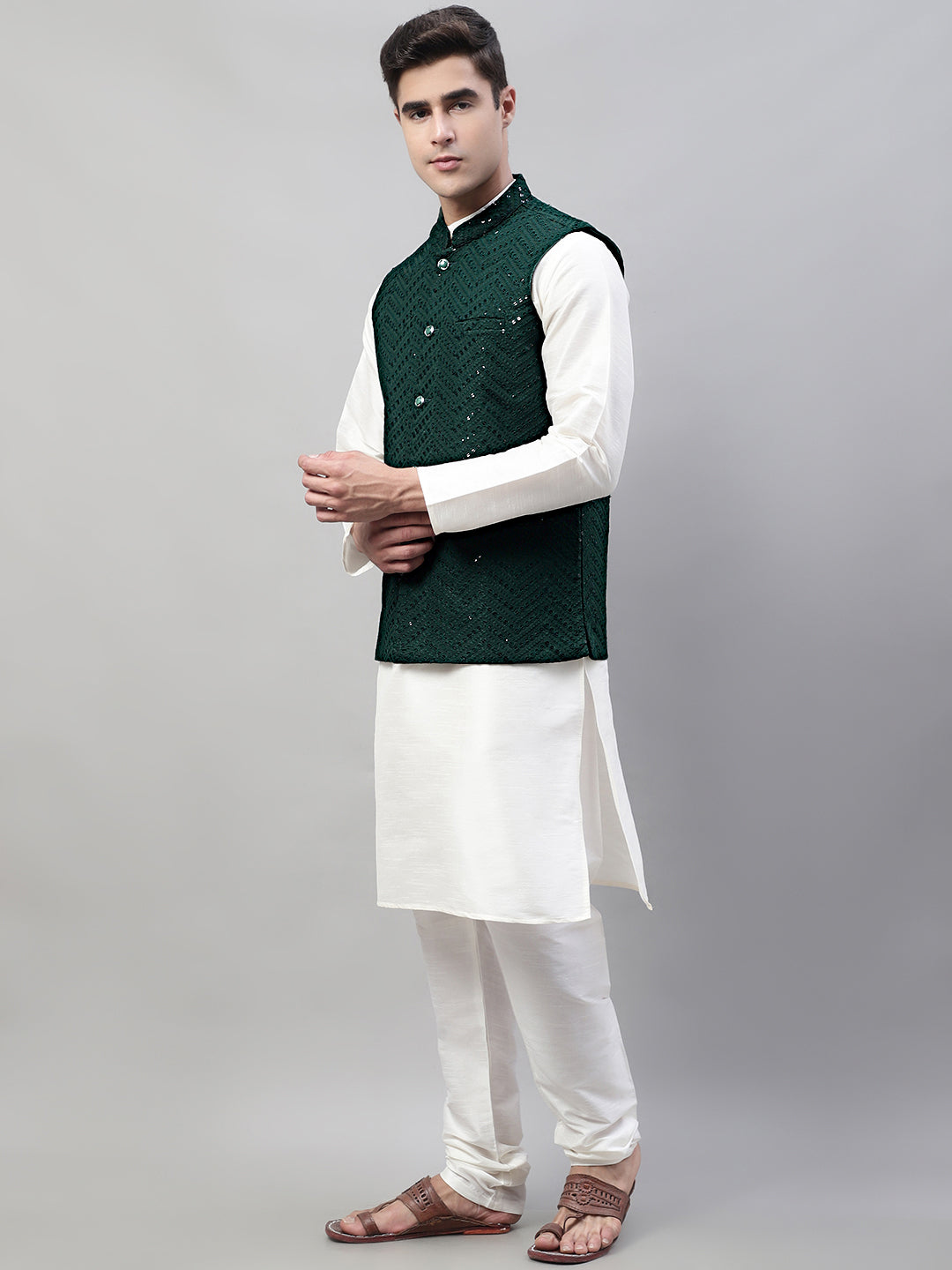 Men White Solid Kurta Pyjama With  Olive Green Embroidered Nehru Jacket