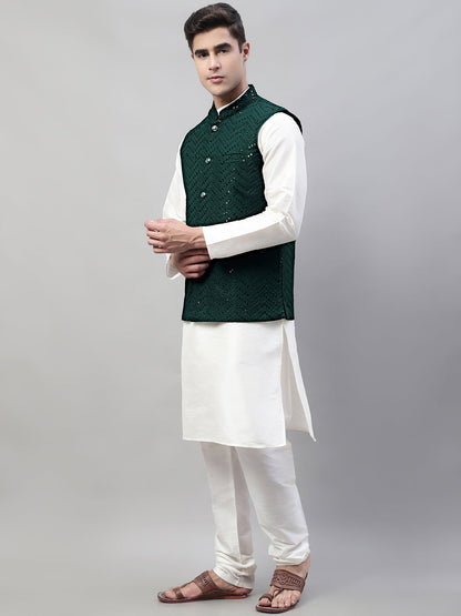 Men White Solid Kurta Pyjama With  Olive Green Embroidered Nehru Jacket
