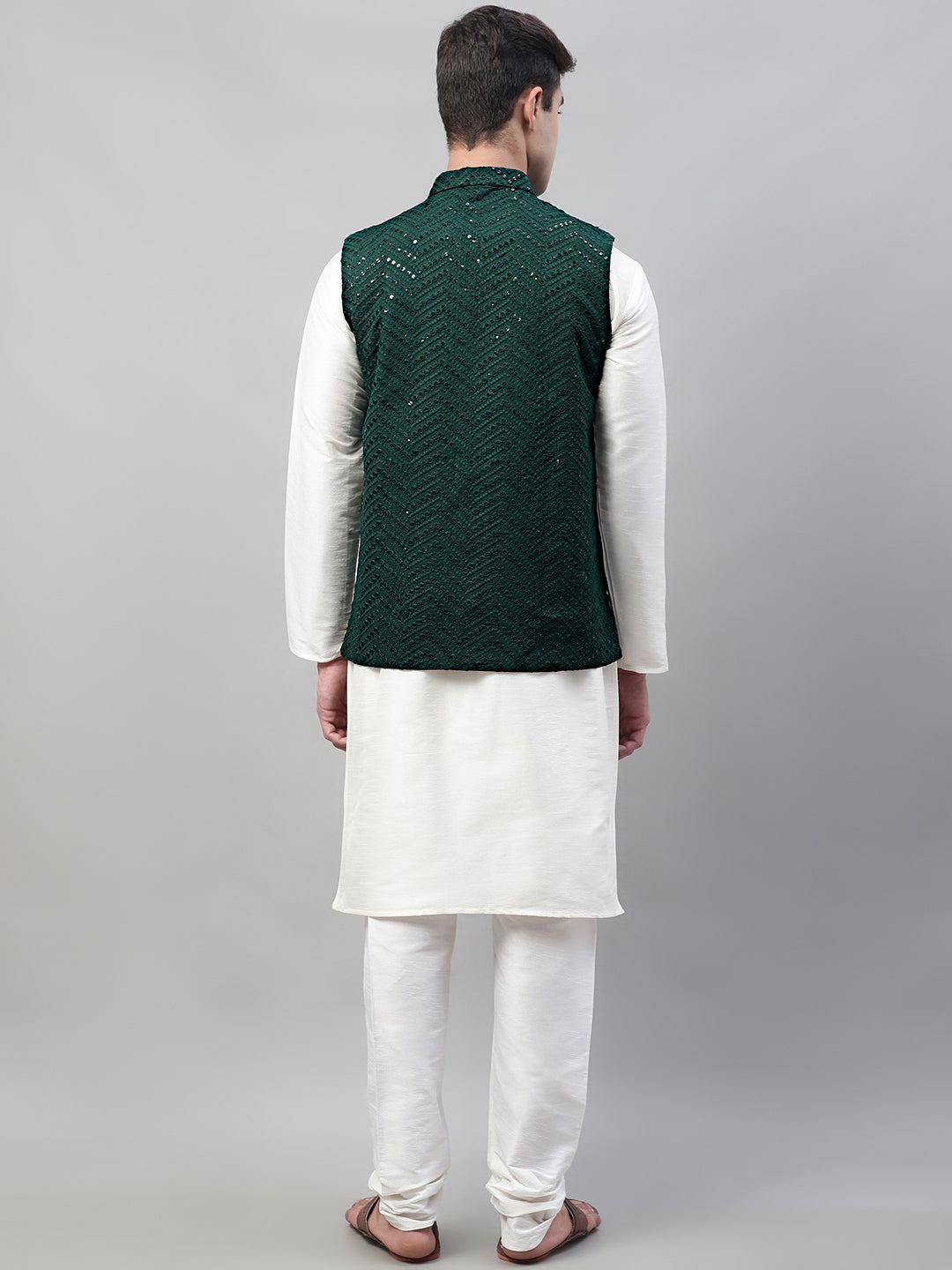 Men White Solid Kurta Pyjama With  Olive Green Embroidered Nehru Jacket