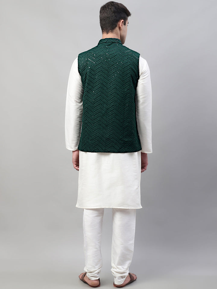 Men White Solid Kurta Pyjama With  Olive Green Embroidered Nehru Jacket