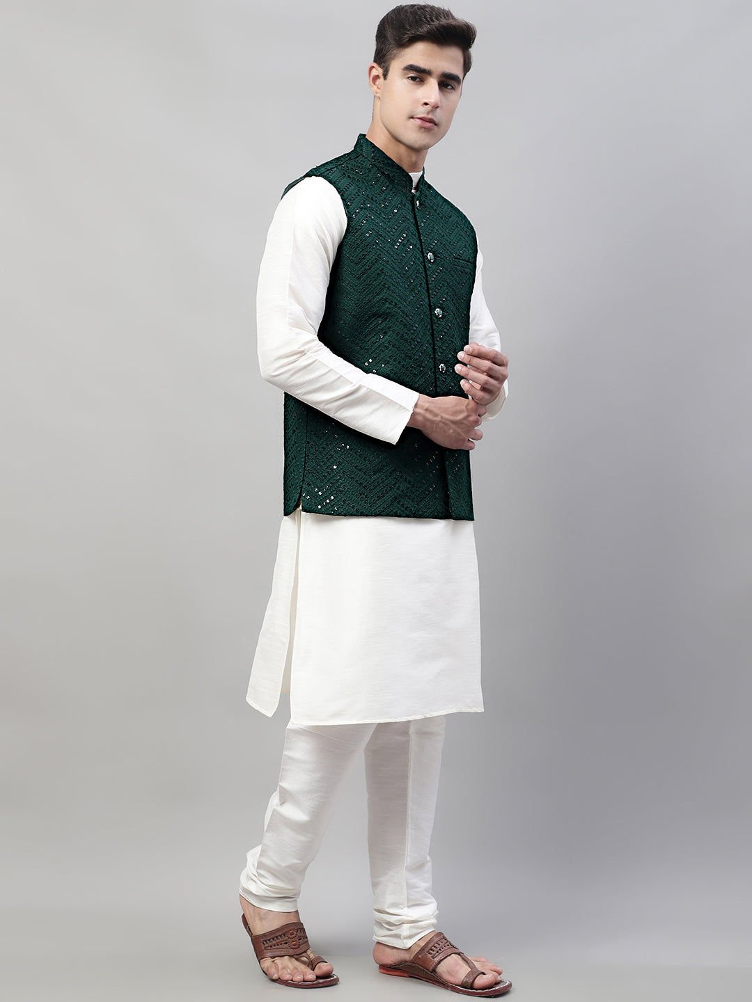 Men White Solid Kurta Pyjama With  Olive Green Embroidered Nehru Jacket