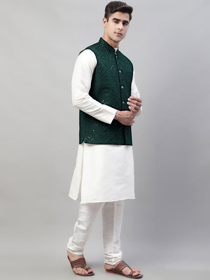 Men White Solid Kurta Pyjama With  Olive Green Embroidered Nehru Jacket