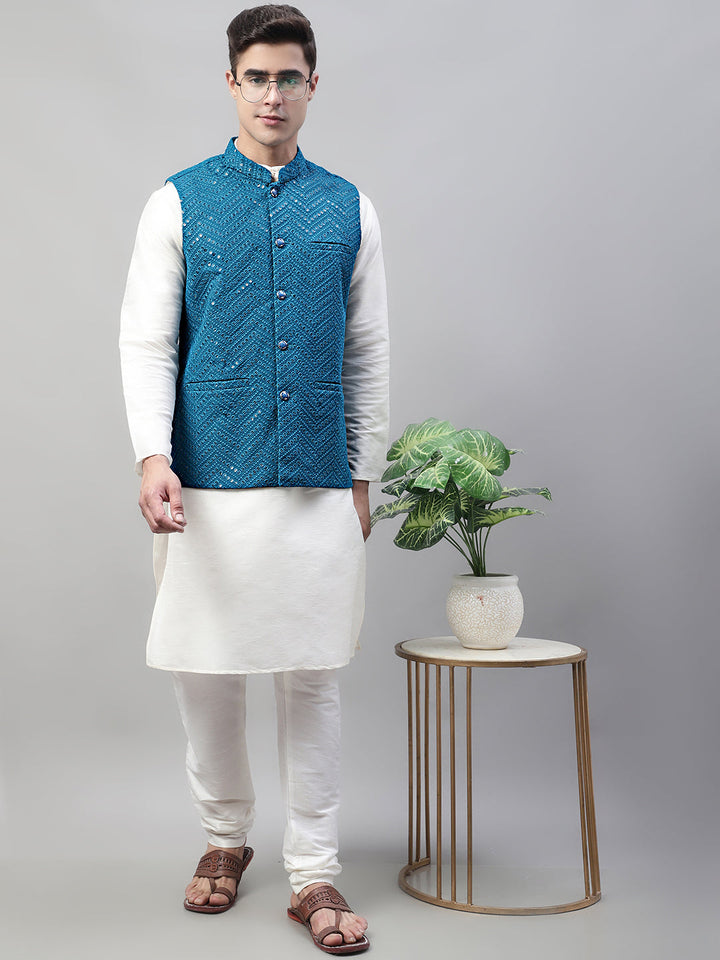 Men White Solid Kurta Pyjama With  Blue Embroidered Nehru Jacket