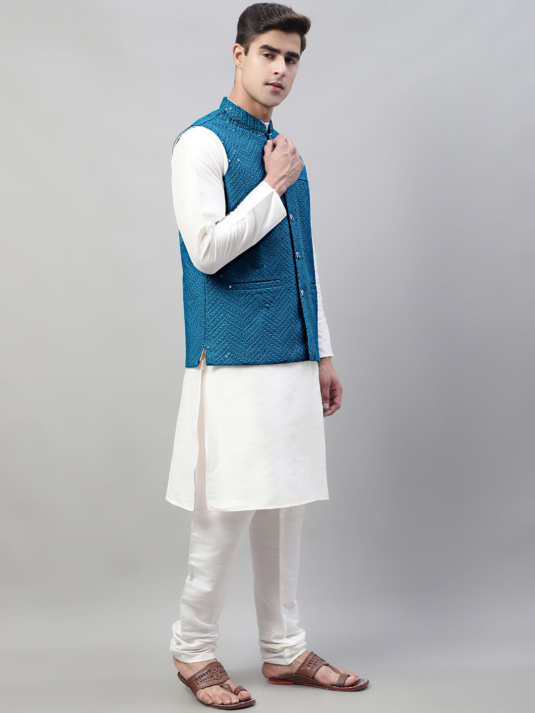 Men White Solid Kurta Pyjama With  Blue Embroidered Nehru Jacket