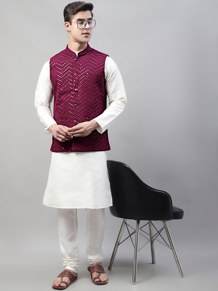 Men White Solid Kurta Pyjama With  Purple Embroidered Nehru Jacket