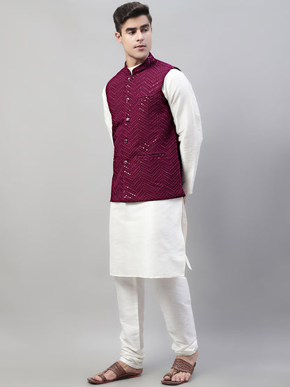 Men White Solid Kurta Pyjama With  Purple Embroidered Nehru Jacket