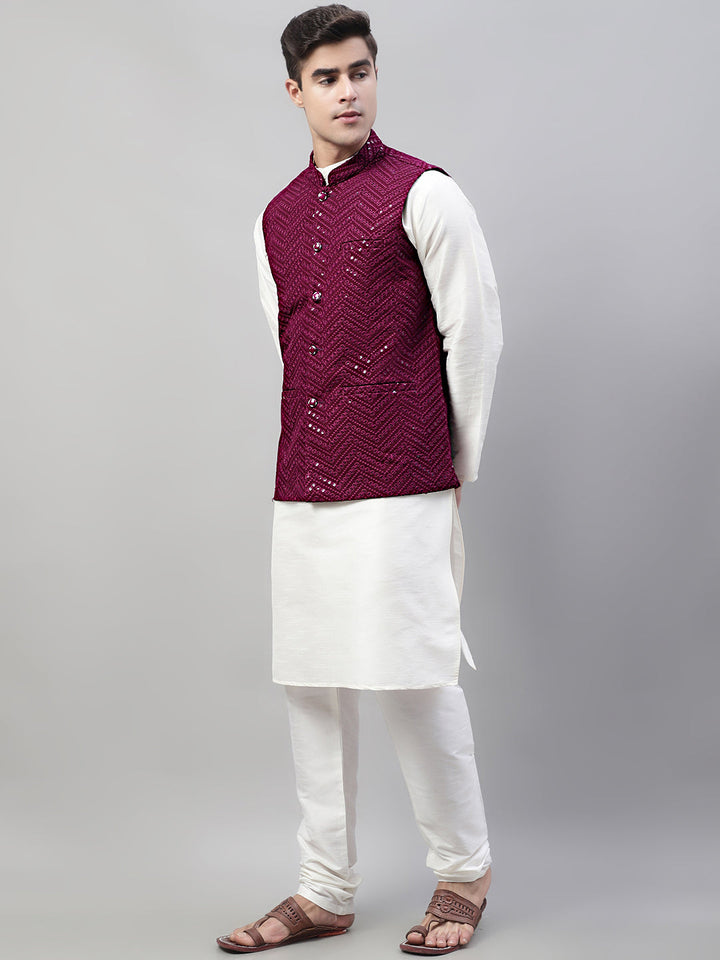 Men White Solid Kurta Pyjama With  Purple Embroidered Nehru Jacket