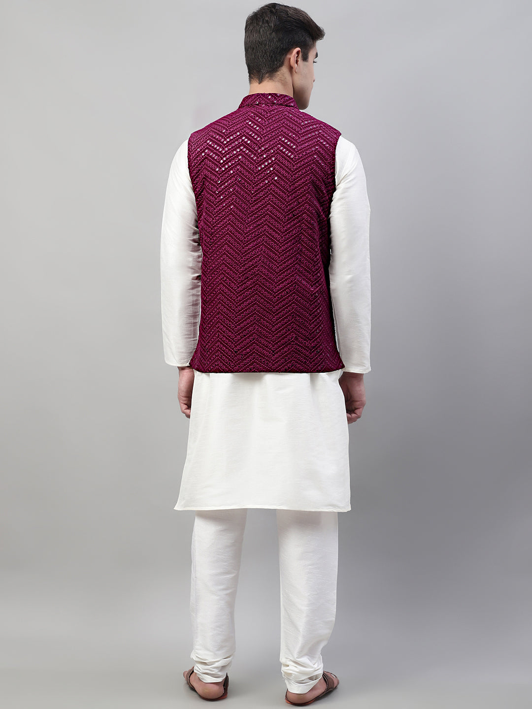 Men White Solid Kurta Pyjama With  Purple Embroidered Nehru Jacket